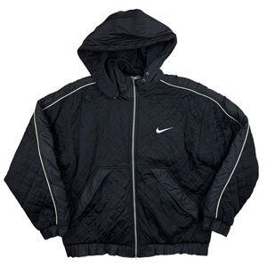 Vtg Nike Mens Large Black Quilted Puffer Bomber Jacket Full Zip Hooded Vintage